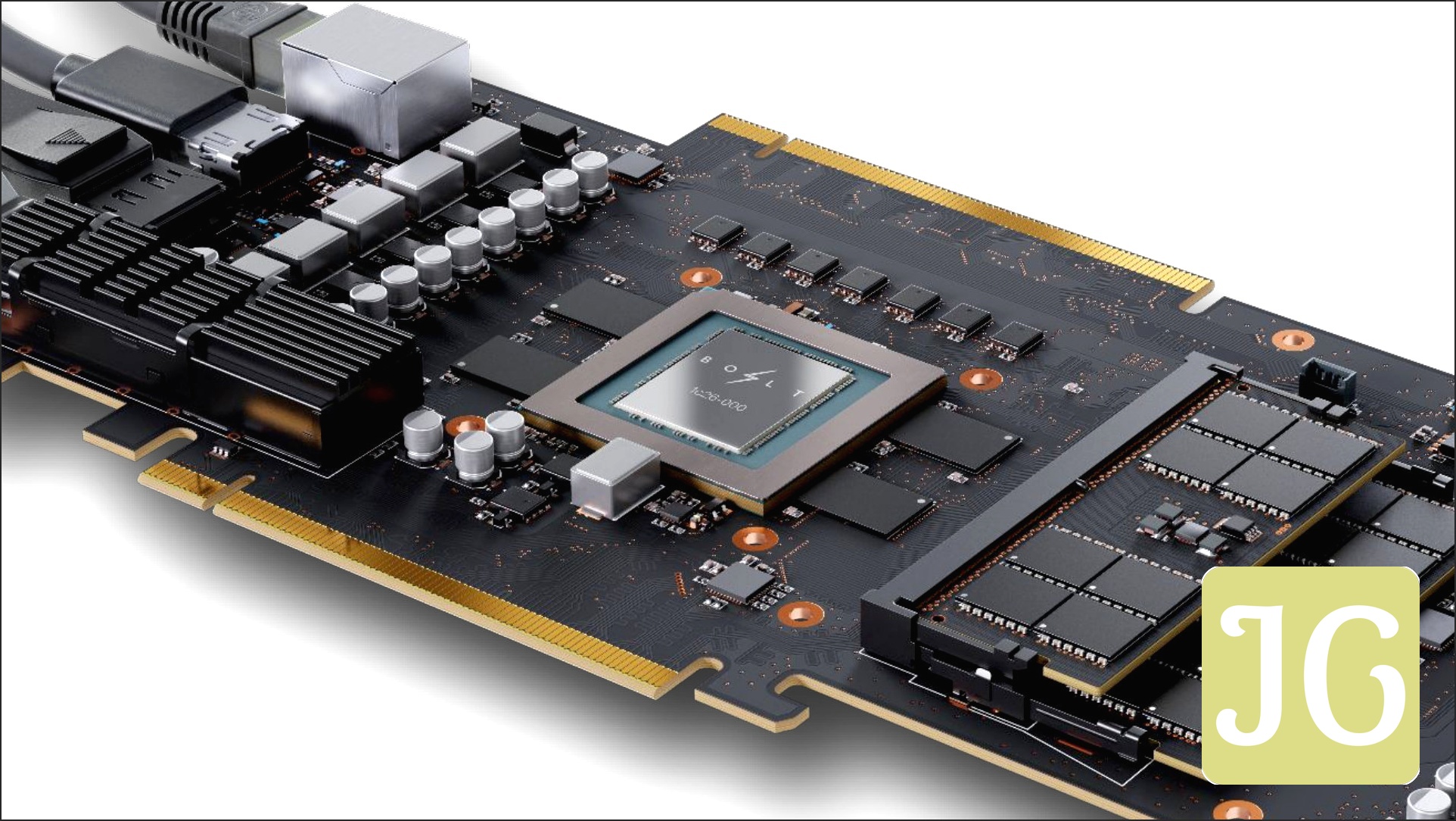 A close-up view of the promotional render of Bolt Graphics' Zeus 1c26-32 graphics cards, as published in August 2025.