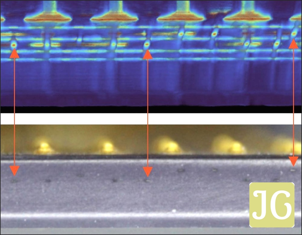A close-up of the side of the package compared to the CT scan, showing the edge contacts. I lightly sanded the edge of the package to make the contacts more visible. Even so, they are almost invisible.