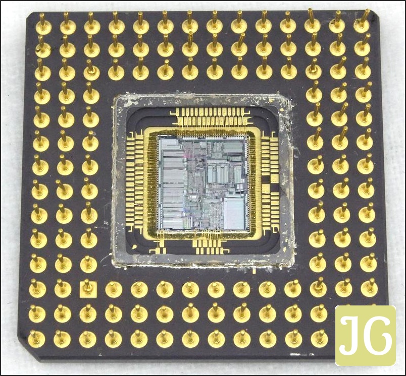 The 386 package with the lid over the die removed.