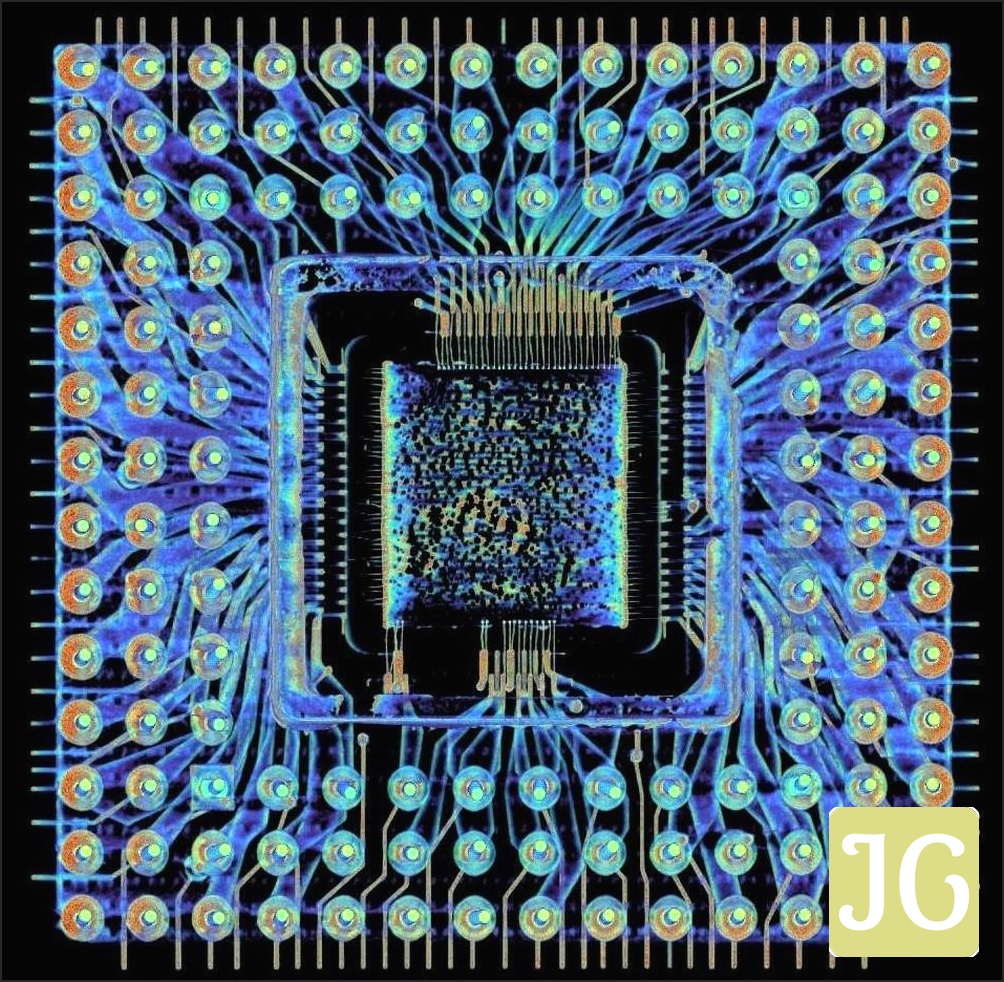 A CT scan of the 386 package. The ceramic package doesn't show up in this image, but it encloses the spiky wires.