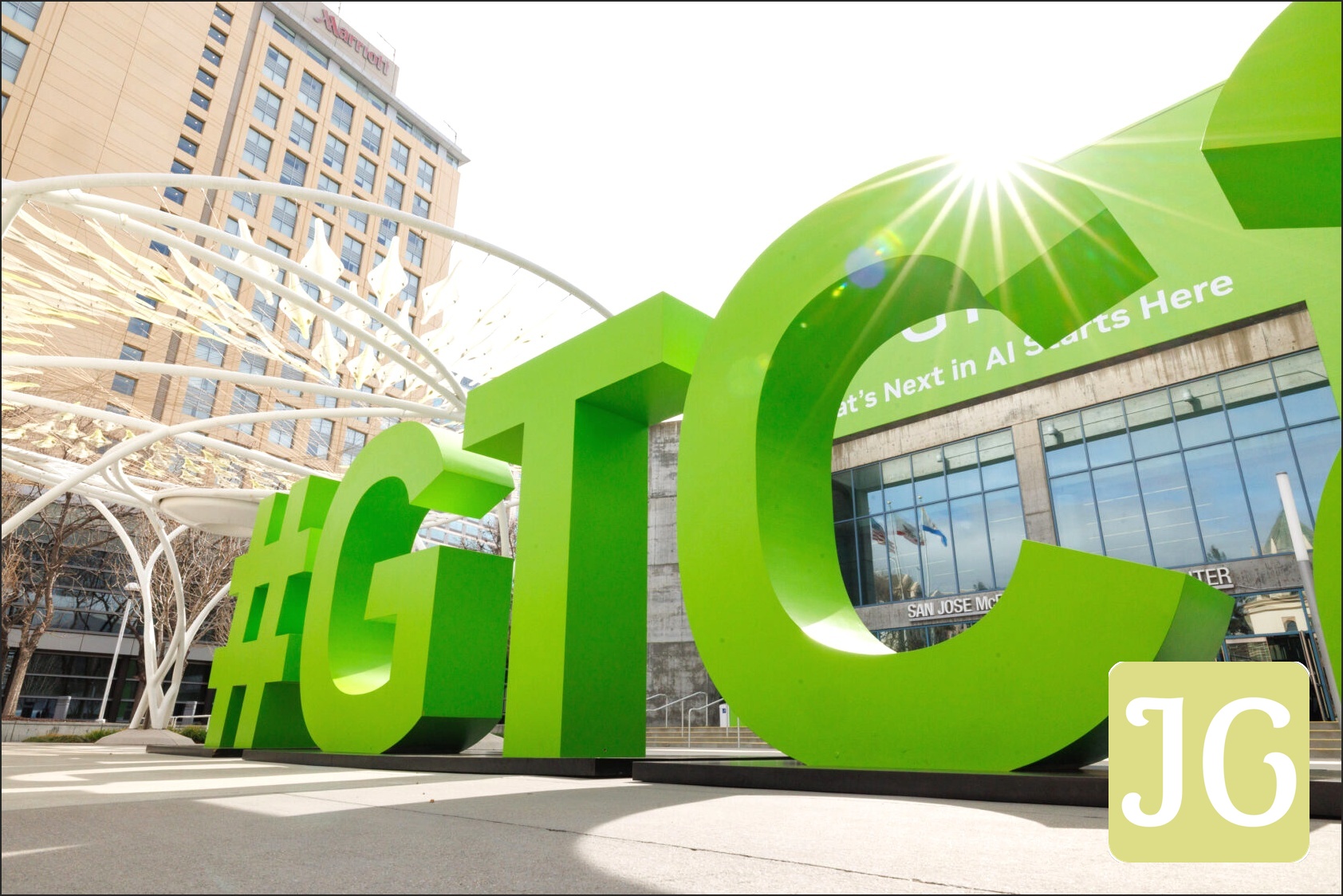 Exterior of San Jose Convention Center with GTC sign, bustling with attendees