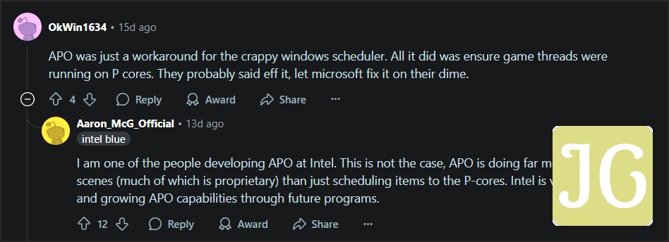 Intel APO discussion on performance and capabilities in a tech forum exchange.