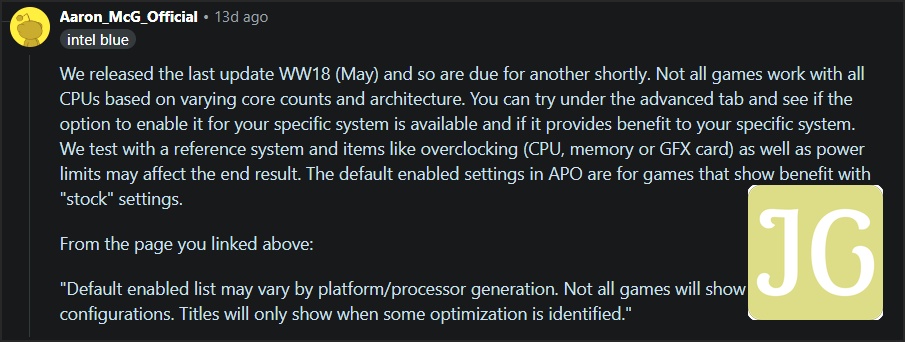 Text on system updates and optimization settings for Intel CPUs.