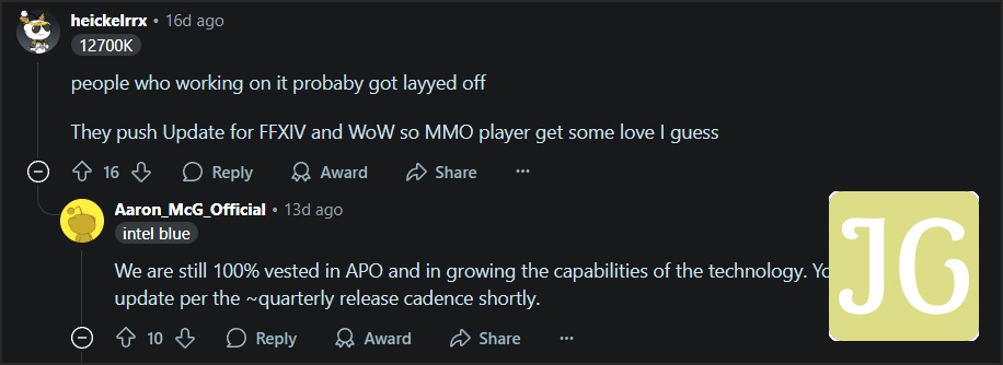 Reddit comments discuss layoffs, updates for FFXIV and WoW, and Intel's technology investment.