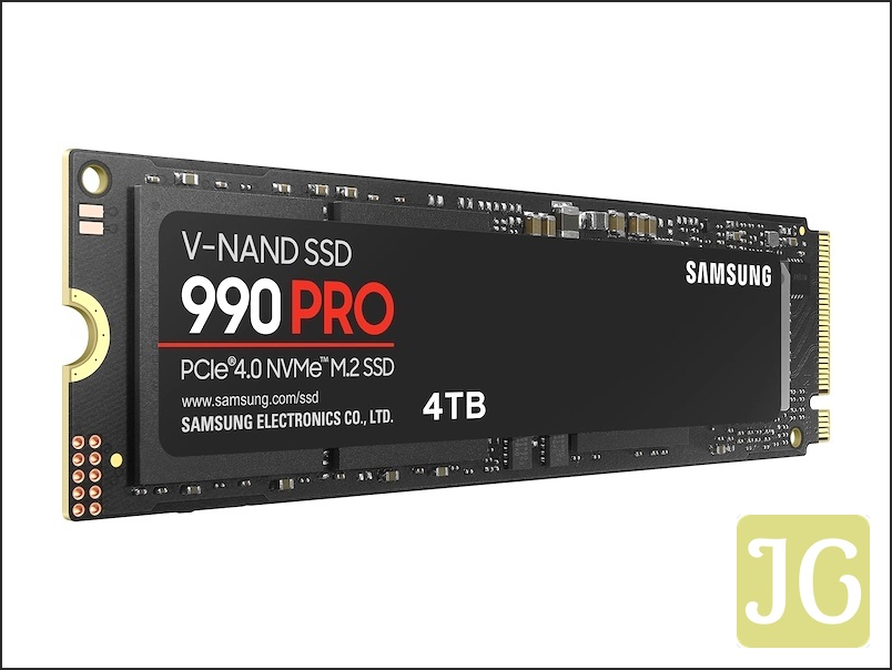 Samsung 990 Pro 4TB SSD in its sleek black design, angled for perspective.
