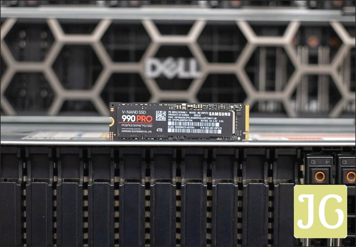 Close-up of the Samsung 990 Pro 4TB SSD, showcasing its components.