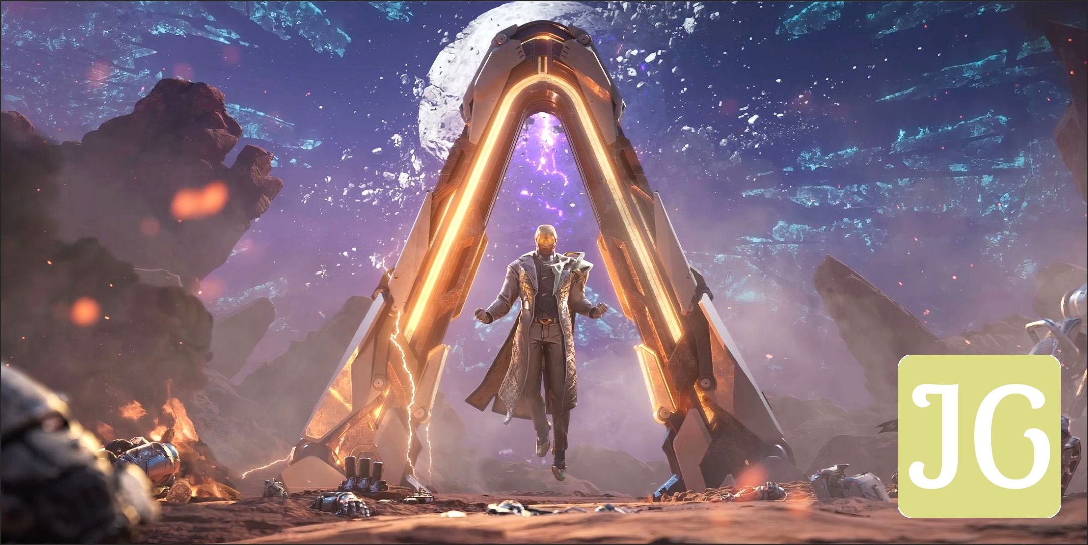 Borderlands 4 Timekeeper with the borderlands logo arch behind him
