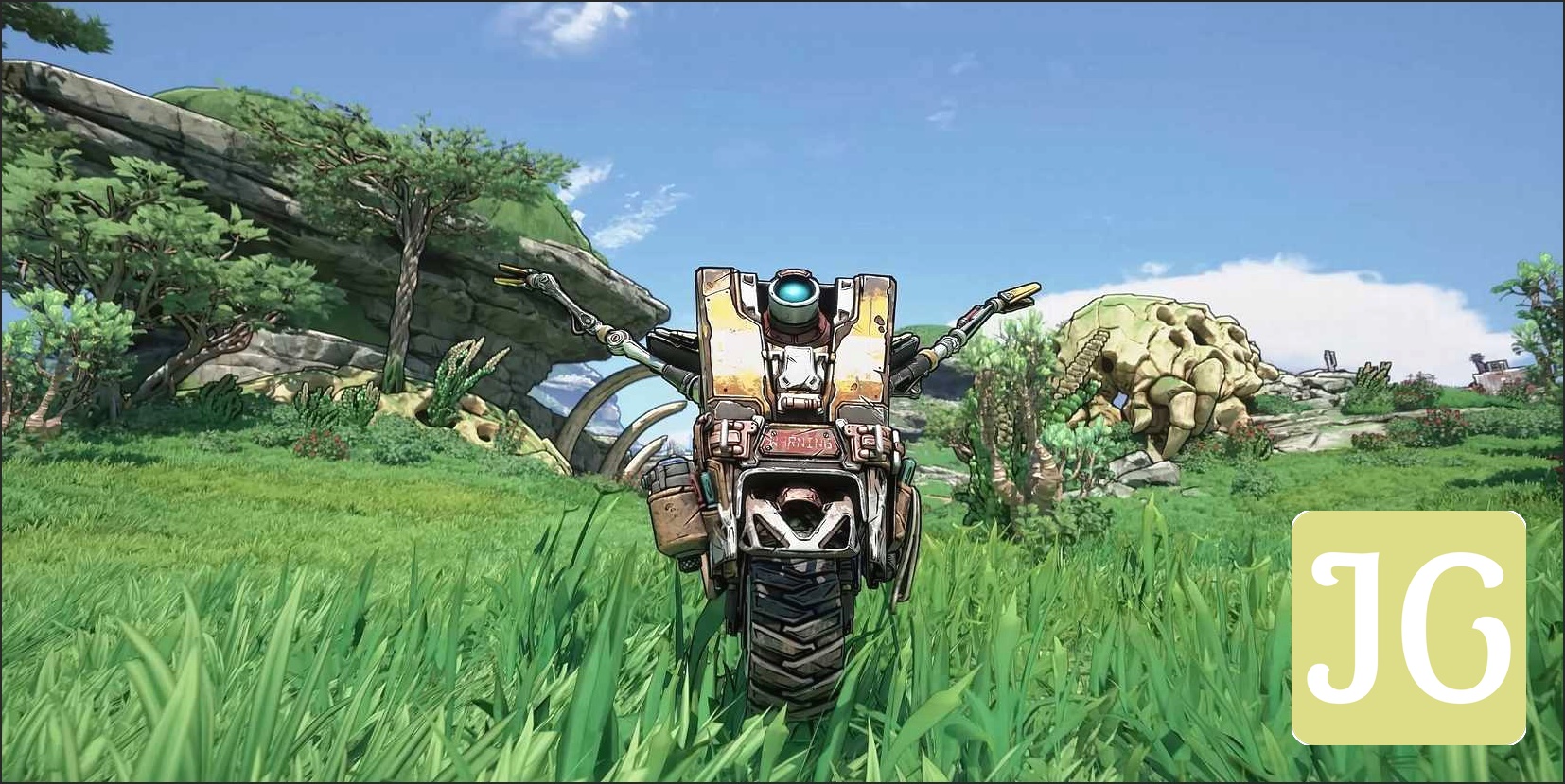 Claptrap with his arms stretched out while rolling through a field in Borderlands 4.