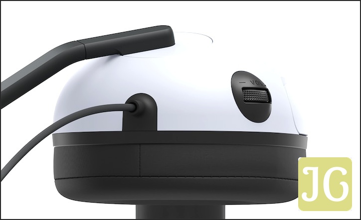 Left earcup showing location of volume dial and boom microphone