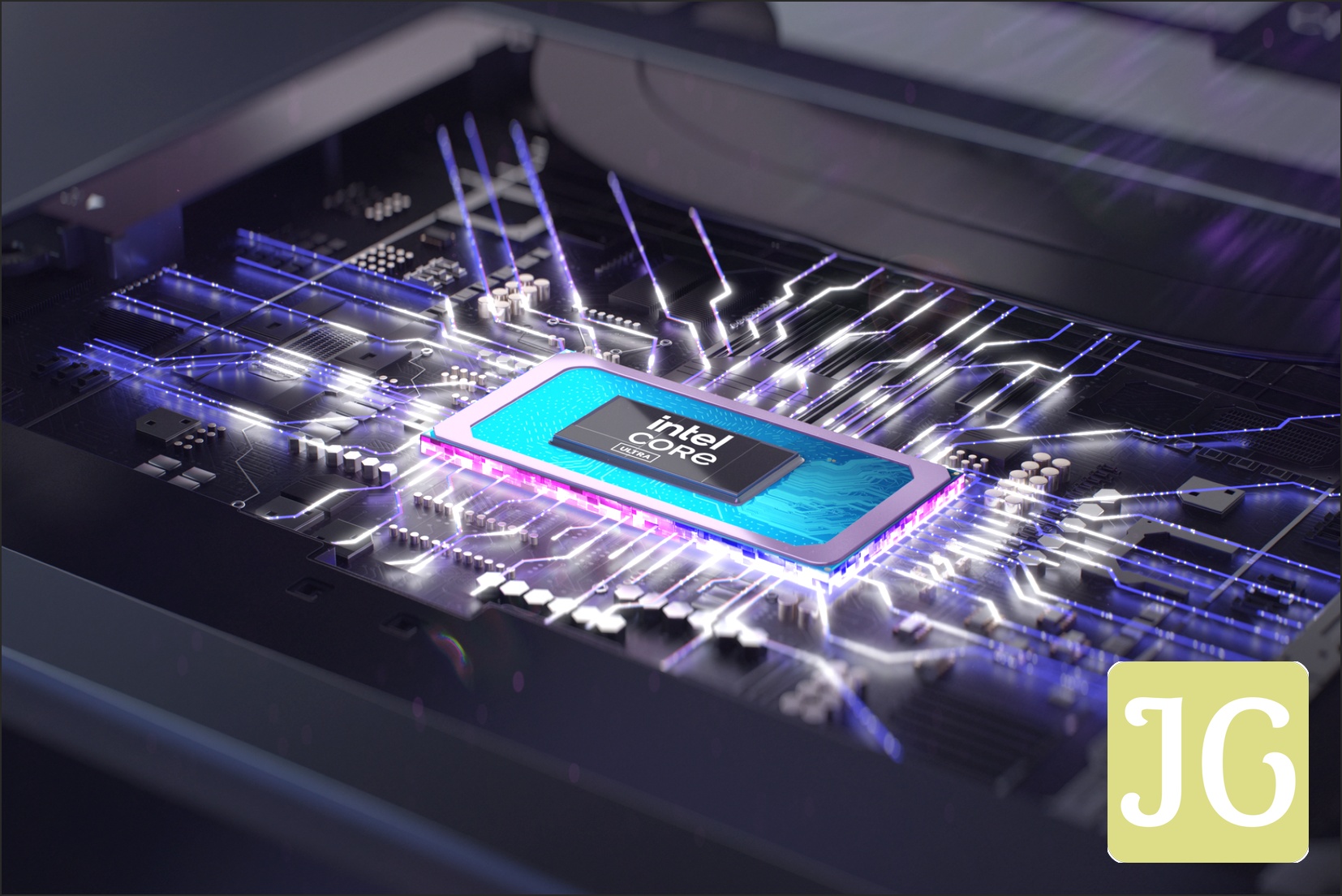 A rendering of an Intel Core Ultra CPU inside of a laptop