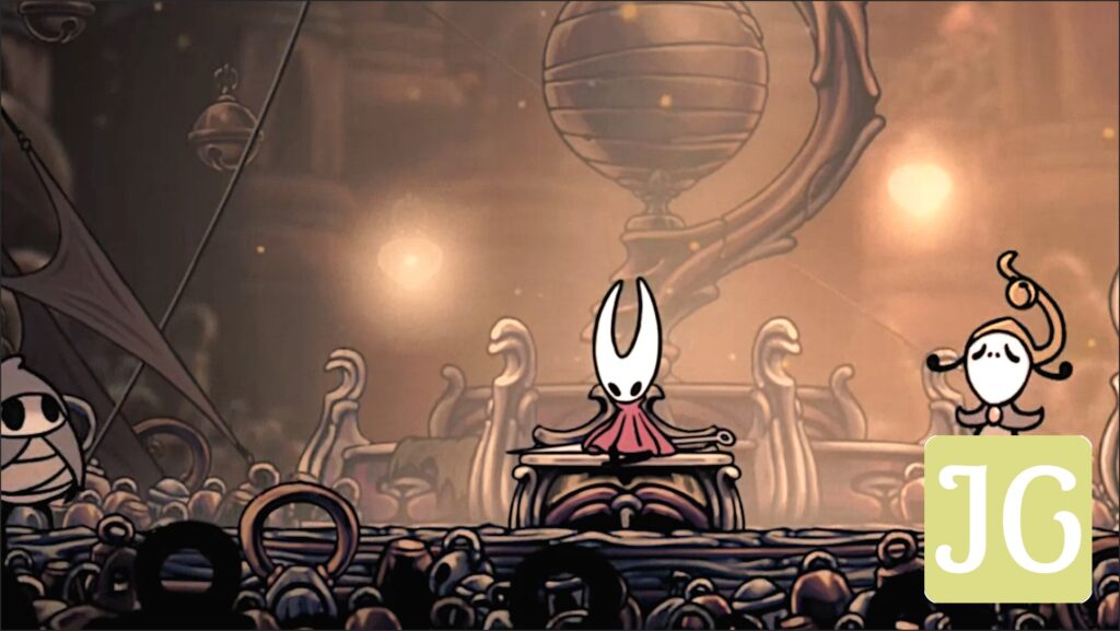 Hornet from Hollow Knight: Silksong is seated, morose, on a bench.
