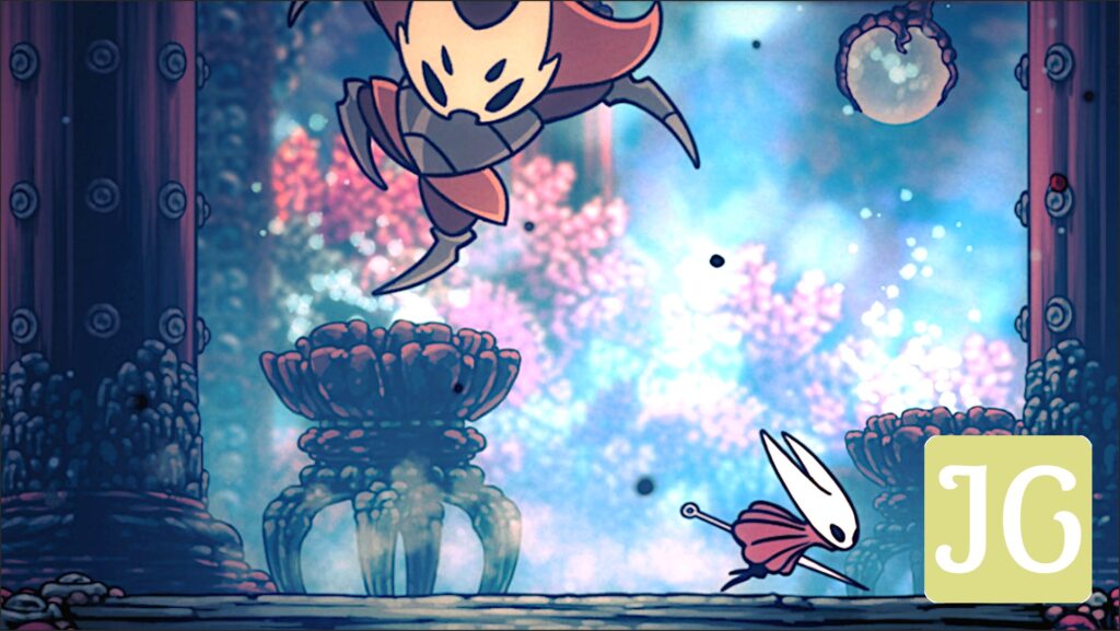Hornet and a large bug do battle against a beautiful backdrop in Hollow Knight: Silksong.