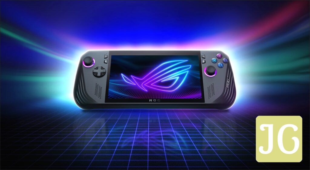 An ROG Ally X with the ROG Fearless Eye logo on screen, with text superimposed on the image saying “ROG Ally X, #playALLYourgames, LEVEL UP”.