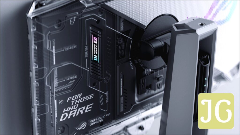 A closeup shot of the ROG Swift OLED PG27AQWP-W's backside with transluscent elements.