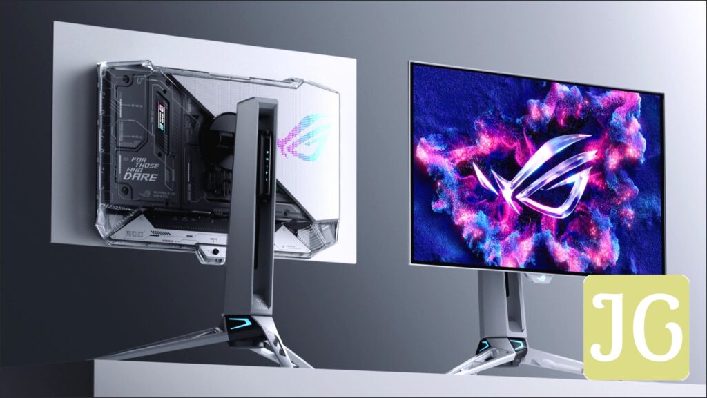 A side-by-side angled comparison of the ROG Swift OLED PG27AQWP-W's front and backsides against a gray background.