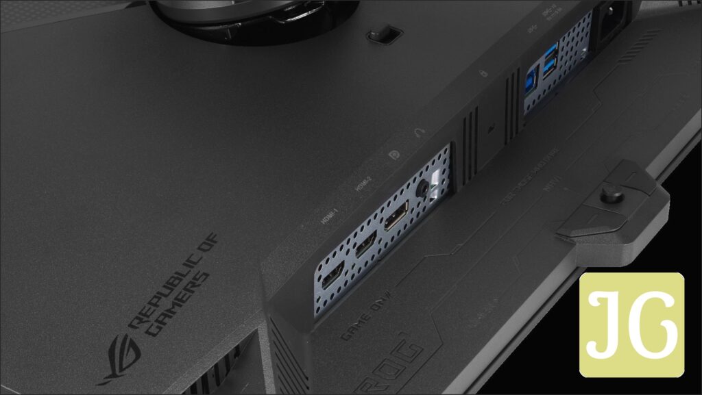 A closeup shot of the ROG Strix OLED XG27AQWMG's assortment of ports and connectivity points.