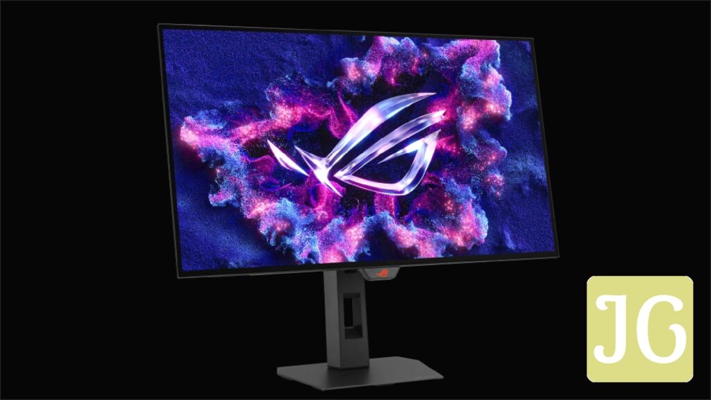 The ROG Strix OLED XG27AQWMG monitor at a slight angle against a black background.