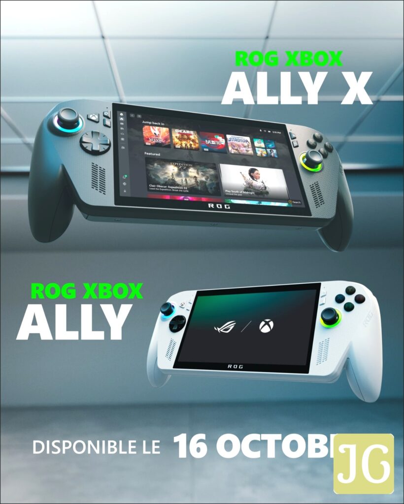 Publicité pour les consoles de jeu ROG Xbox Ally et ROG Xbox Ally X, disponibles le 16 octobre