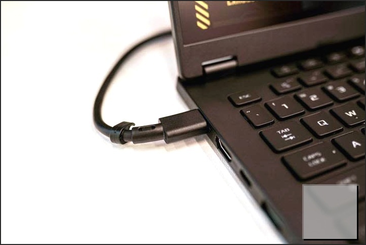 The charging port and other ports on the side of the Asus TUF Gaming A14.