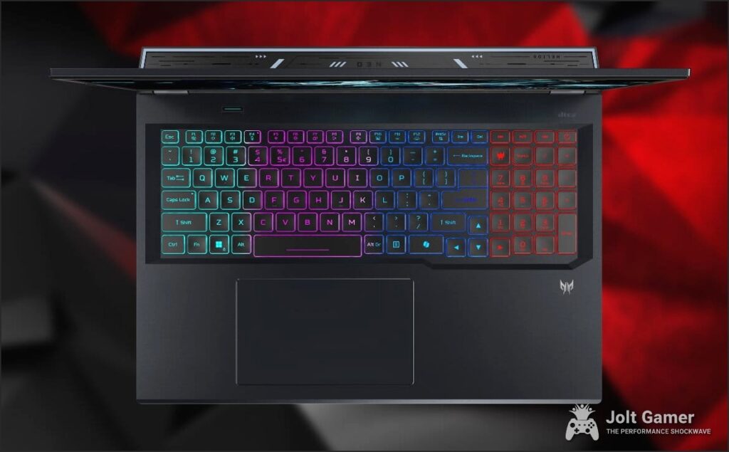 Annotated image of Acer Predator Helios Neo 18 AI Gaming Laptop highlighting features