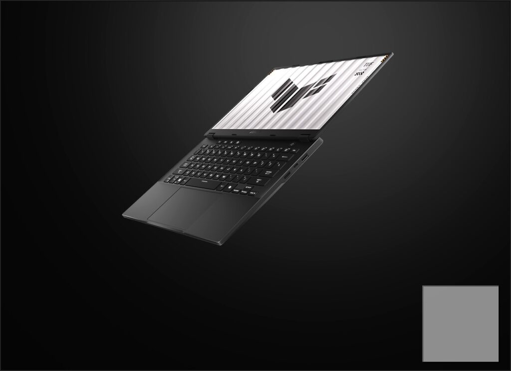A TUF Gaming A14 with the TUF Gaming logo on screen, fully folded down to 180° to accentuate the hinge actuation range.
