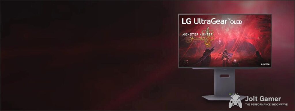 An LG UltraGear Monitor appears on a black and red background. The monitor infill displays a scene from the game Monster Hunter Wilds, copyright Capcom.