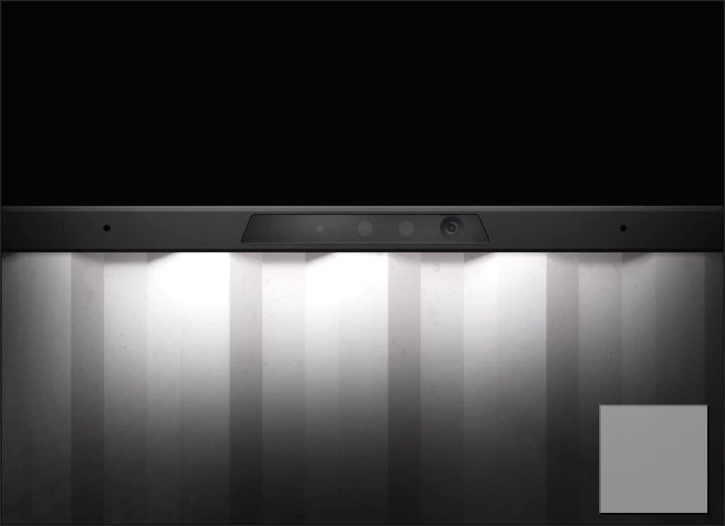 A close-up view of the bezel on the screen of the TUF Gaming A14, with emphasis on the webcam module.