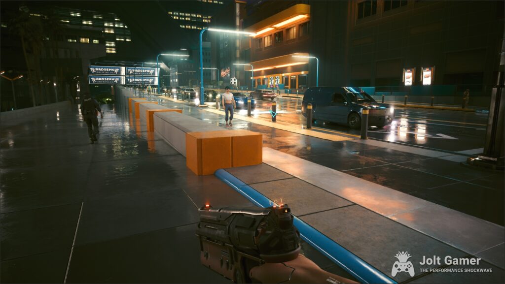 Cyberpunk 2077 with DLSS Ray Reconstruction, showing cleaner image