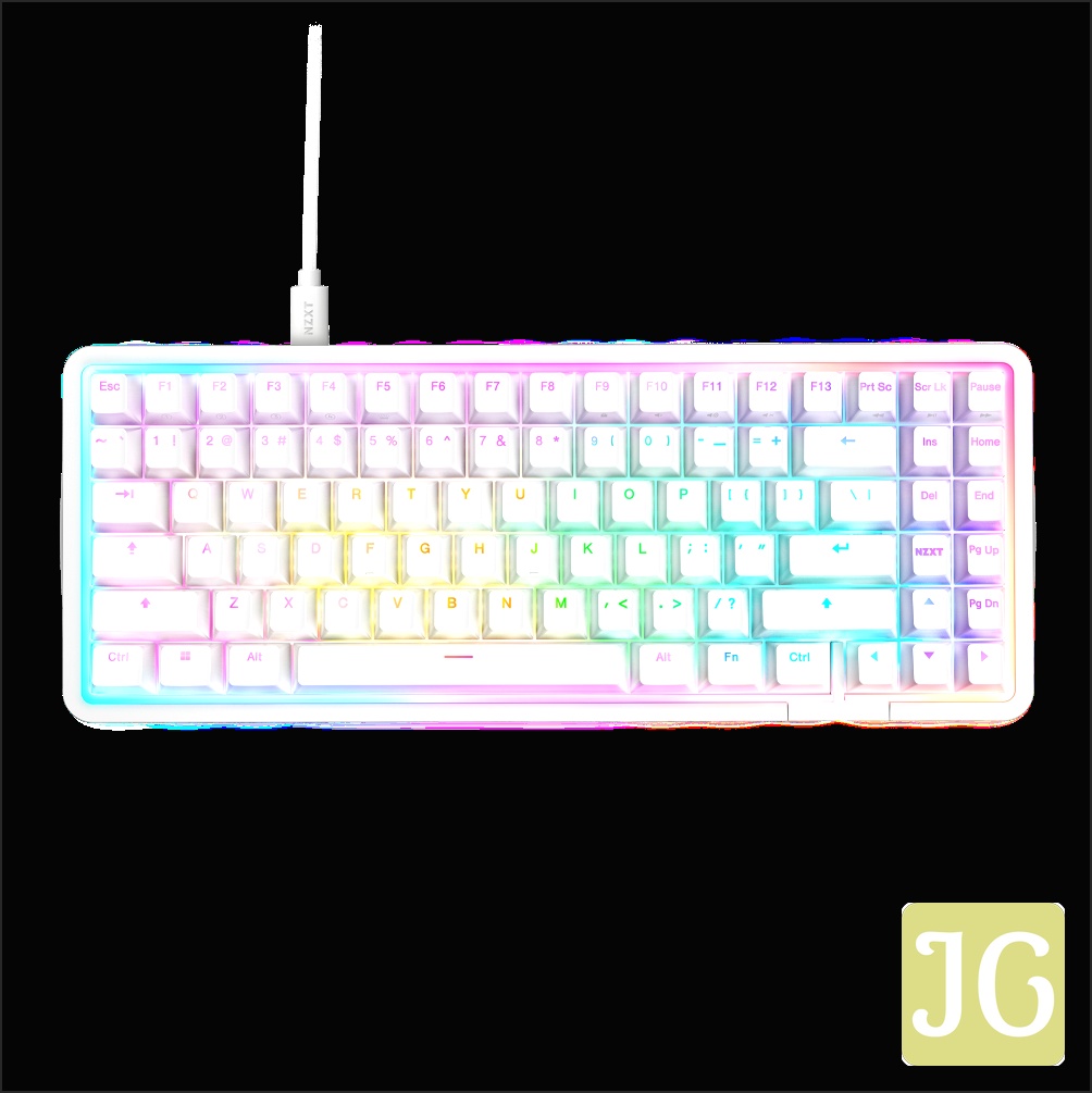 The NZXT Function Elite MiniTKL Keyboard is a white compact mechanical keyboard featuring NZXT Magnetic Switches, vibrant RGB backlighting under the keys and edges, and a matching white cable—perfect for elevated gameplay.