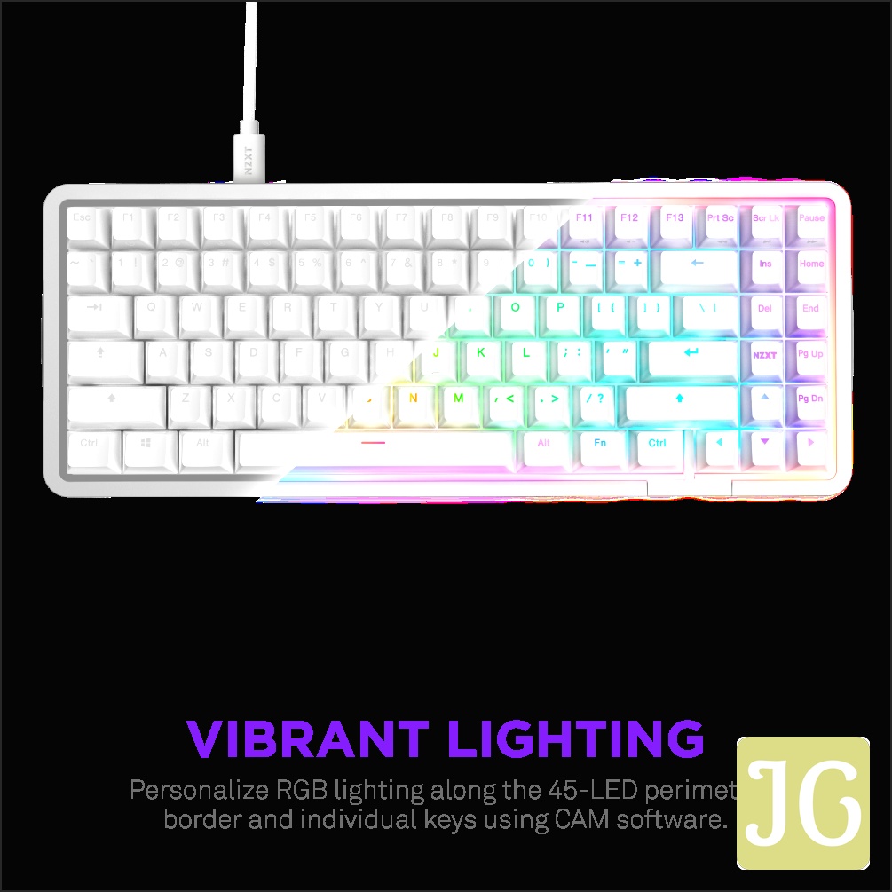The NZXT Function Elite MiniTKL Keyboard features customizable RGB lighting on keys and its 45-LED border, shown in multiple colors. Its magnetic switches allow adjustable actuation. Personalize effects using NZXT CAM software.