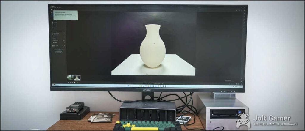 Xeneon Edge attached to a monitor arm