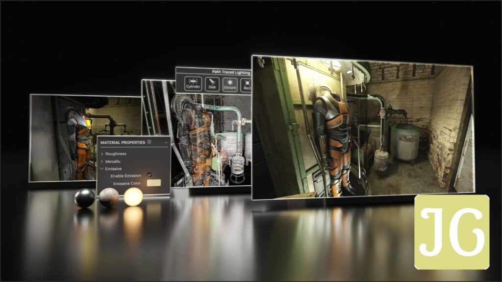 Screenshot of RTX Remix interface showcasing AI-enhanced game assets and ray tracing features for modding