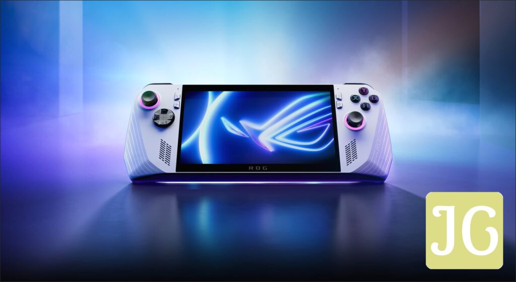 ROG Ally on the ground with a light blue background, and the words “ROG Ally. #playALLYourgames” captioned underneath it.
