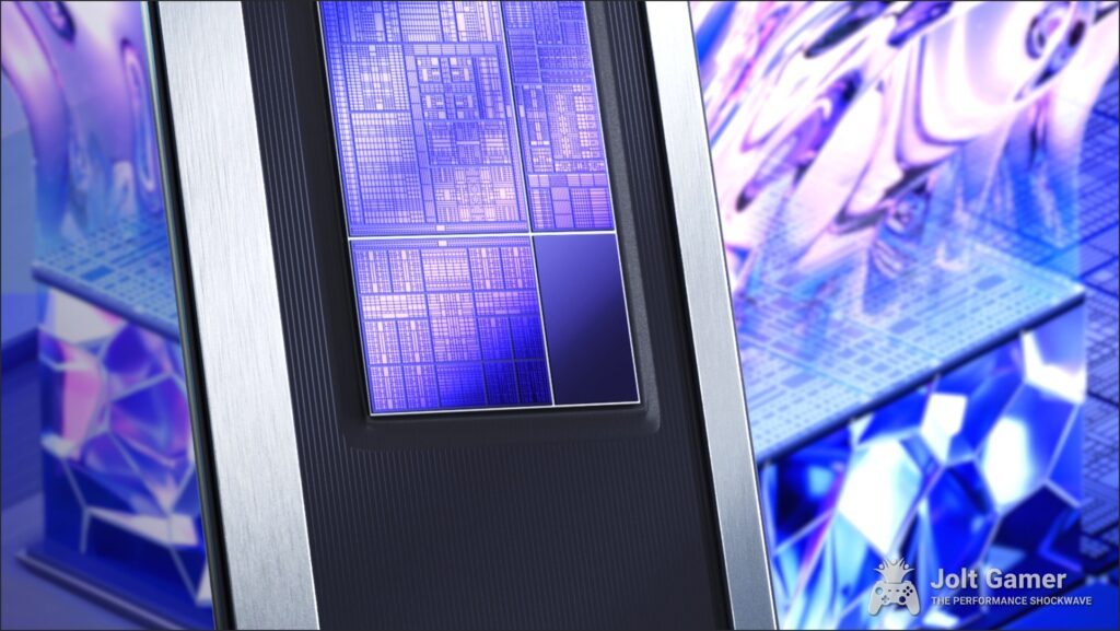 A composite image showing a stylised render of part of an Intel Panther Lake CPU, focusing on the iGPU, with a blurred render of the Xe3 module in the background.