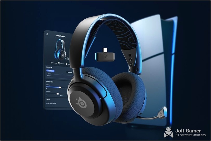 An Image showing Arctis Nova 5 with phone and PS console in the background.