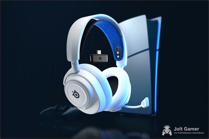 An Arctis Nova 7 laying against a desktop setup.