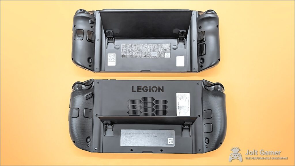 The Lenovo Legion Go 2 and original Legion Go lying face down with kickstands up.