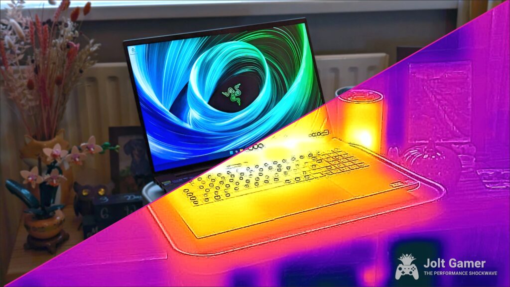 Razer Blade 18 (2025) gaming laptop seen half-and-half with a thermal imaging camera, with furniture in the background.