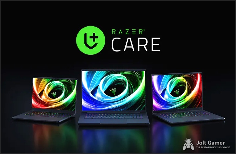 Razer Care branding and laptops, representing the Razer ecosystem and support services.