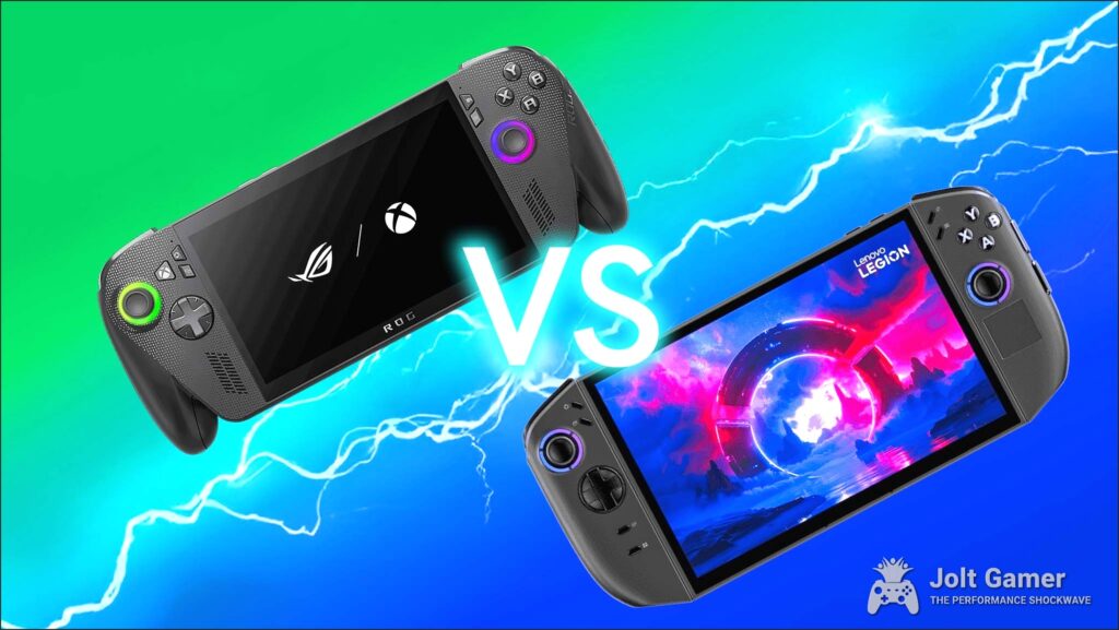 Legion Go 2 and Xbox Ally X separated by a flash of lightning and the word "VS" between them.
