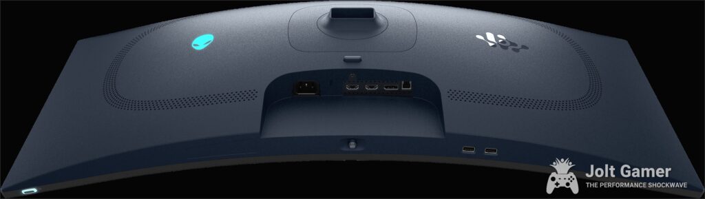 Close-up of Alienware monitor ports, including USB-C