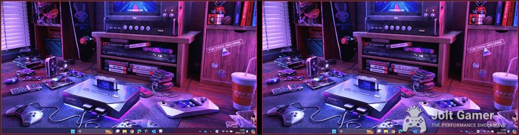Comparison showing the taskbar dimmed by OLED Care+ detection.